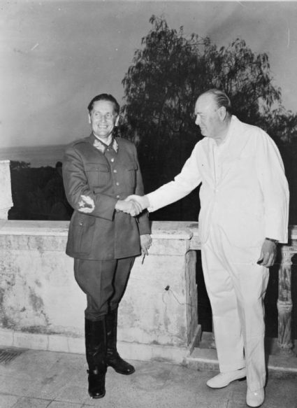 Marshal Tito and Churchill in Naples shake hands at the Villa Rivalta on 12th August 1944. (IWM, London, photographic collection 144)