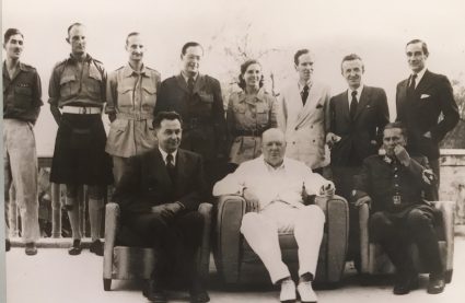 Prime Minister Šubašić, Marshal Tito, and Churchill at the end of their talks in Naples. Also present in the back row are Brigadier Fitzroy Maclean, Vladimir Velebit, and Ralph Stevenson. (IWM, London, photographic collection 144)