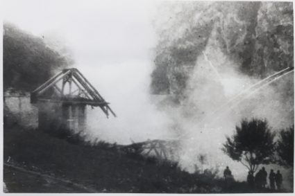 The Lim railway bridge as the charges are blown. (IWM, London, Documents archive 12697)