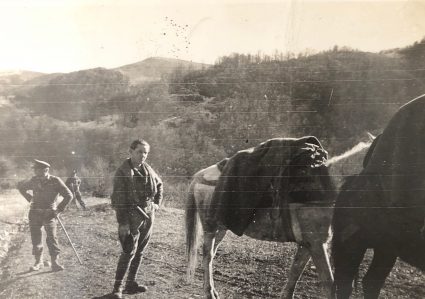 An S.O.E. officer with the JVuO takes a break next to mules laden with stores. (Personal photographic collection of Mr. Harry Fenney)