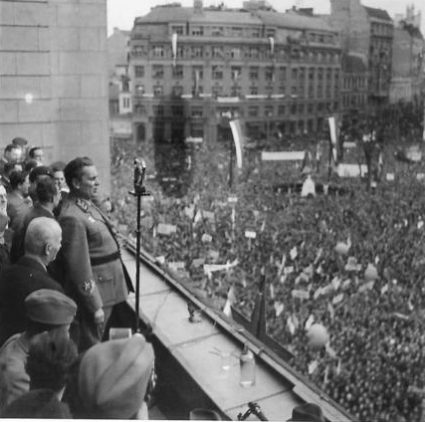 Marshal Tito addresses the crowds gathered in Republic Square in Belgrade on 27th March 1945. (IWM, London, photographic archive, NA23610)