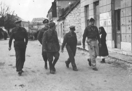 British officers at Jajce 1943 for 2nd Session of the Communist Party. Major John Henniker-Major (far right) walks alongside Captain William Deakin (Private Collection of Mrs. Janie Spring)