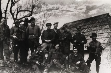 Colonel William Bailey (centre) and armed S.O.E. officers and NCO's in the mountains of Serbia. (National Archives, London, Document HS7-202)